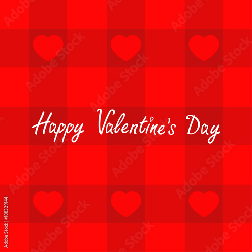 Happy Valentines Day. Love card. Red checkered pattern tablecloth background with hearts. Plaid fabric texture. Picnic blanket. Romantic dinner template. Flat design.
