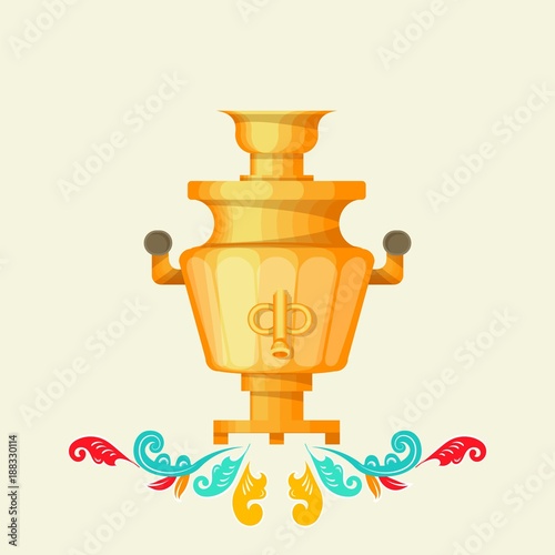 National folk ornament. Russian Boretskaya painting. Decorative elements samovar (tea pot), plants and flower ornament background. Background painting. North-Dvina painting. Postcard.