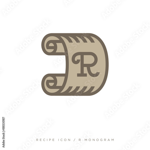 R monogram. Recipe emblem. Paper logo. Roll of paper illustration. List icon. 