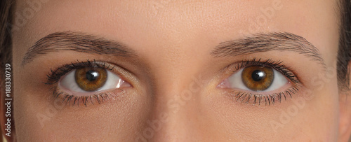 Symmetrical women's eyes . Symmetric macro mirrored two deep human eyes. Close-up brown eyes of European person.
