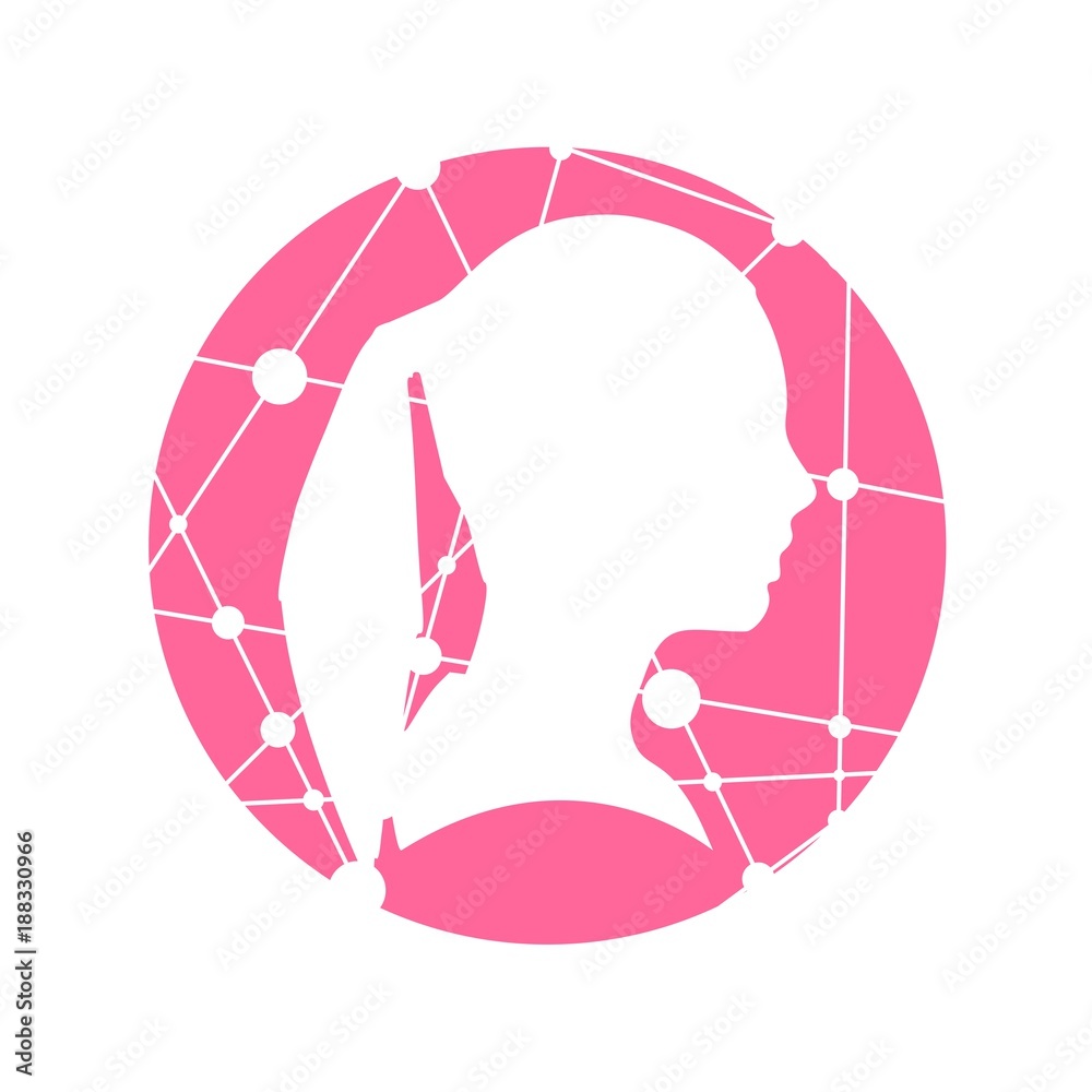 Profile of the head of a woman. Scientific medical design. Molecule and communication style design of the round shape icon. Connected lines with dots. Profile of the head of a woman. Scientific medical design. Molecule and communication style design of the round shape icon. Connected lines with dots.