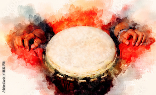 Cuadro en lienzo lady drummer with her djembe drum and softly blurred watercolor background