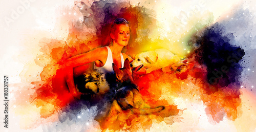 Woman with dogs and softly blurred watercolor background.