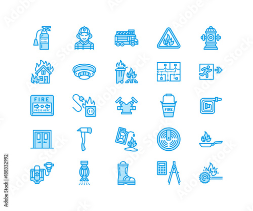 Firefighting, fire safety equipment flat line icons. Firefighter car, extinguisher, smoke detector, house, danger signs, firehose. Flame protection thin linear pictogram. Pixel perfect 64x64.