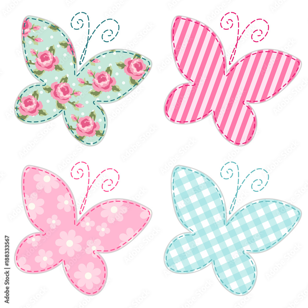 Fototapeta premium Cute primitive retro butterflies as textile patch applique