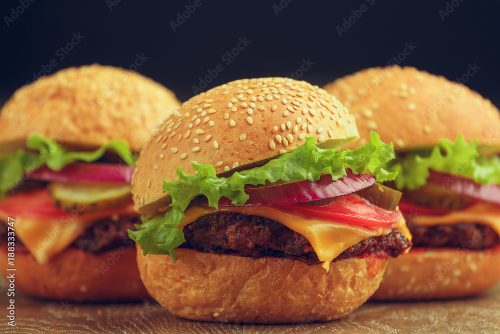 a close-up of a hamburger with a beef chop, cheese, tomato, pickled cucumber, onion and lettuce a close-up of a hamburger with a beef chop, cheese, tomato, pickled cucumber, onion and lettuce