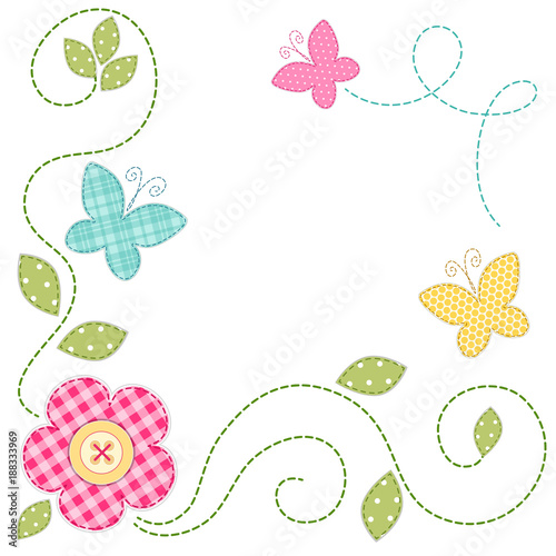 Cute retro spring card as patch fabric applique of flowers and butterflies