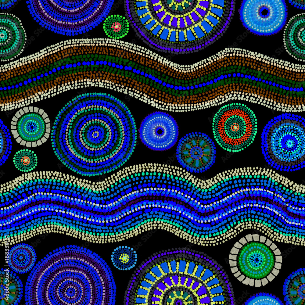 Ethnic design - dots, circles and waves. Glowing neon seamless pattern.  Hand painting in australian aboriginal style. Stock Illustration | Adobe  Stock