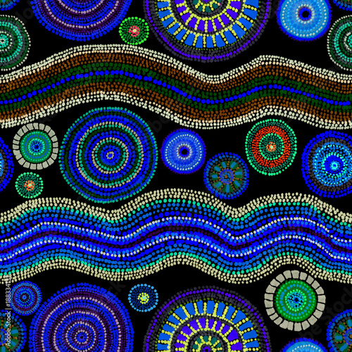Ethnic design - dots, circles and waves. Glowing neon seamless pattern. Hand painting in australian aboriginal style.