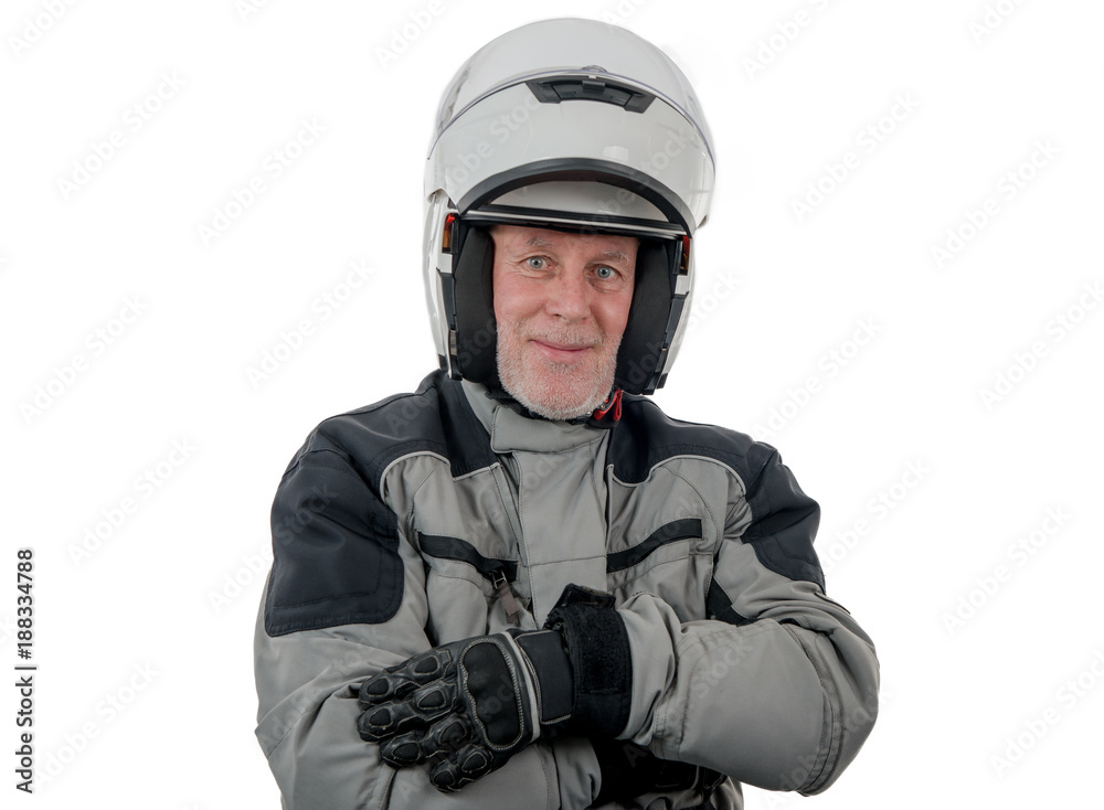 senior rider with white helmet isolated on the white background