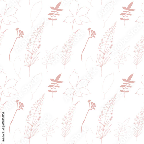 Floral vector seamless pattern with different hand drawn leaves, wild flowers...
