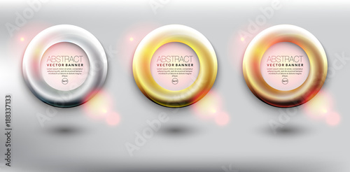 Abstract vector metallic banner rings in gold, silver and bronze color. Rings with shiny lights. Isolated on the light background. Each item contains space for own text. Vector illustration. Eps 10.