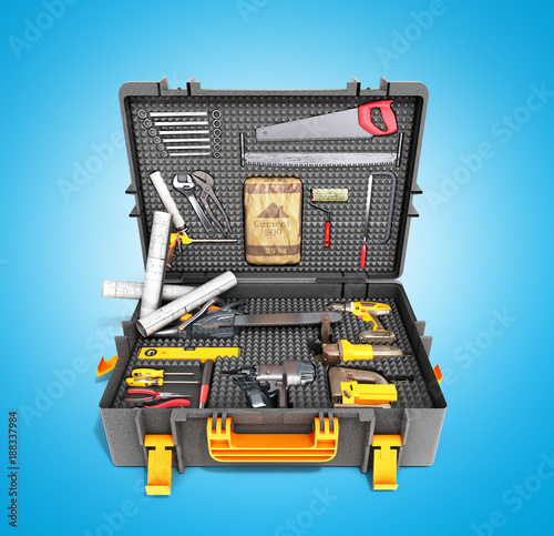 A set of tools in the case 3d render on blue background