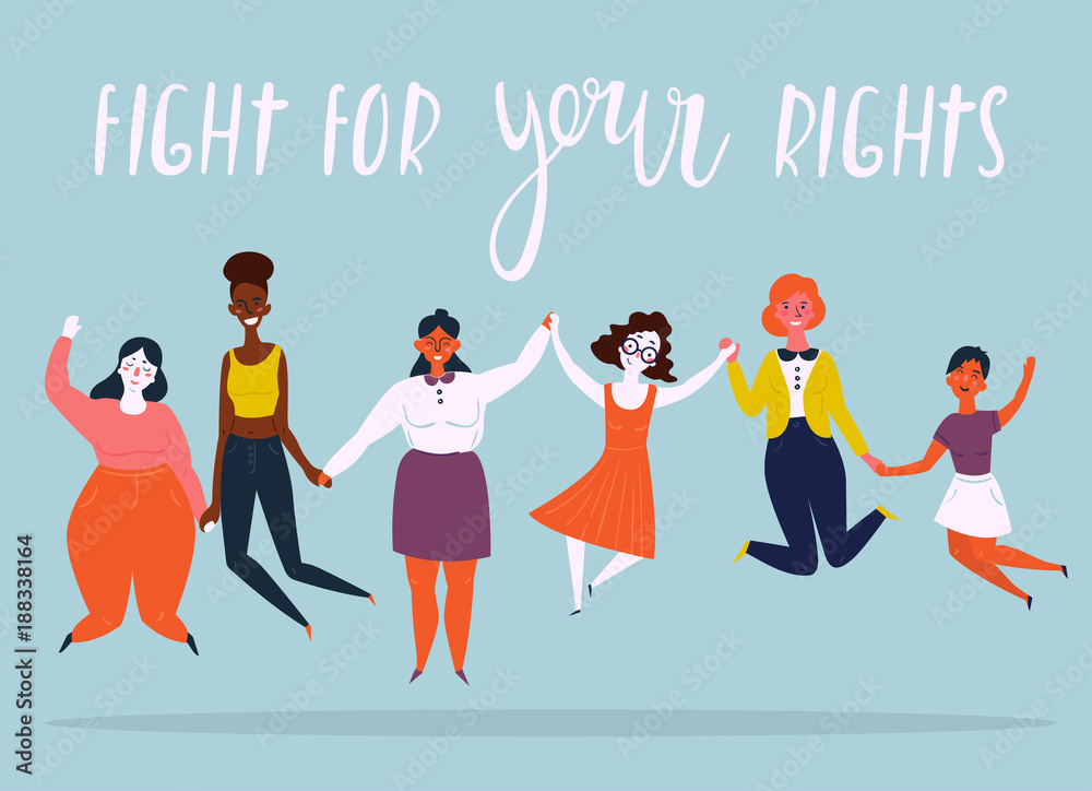 Diverse international and interracial group of jumping happy women. For girls power concept, feminine and feminism ideas, woman empowerment and role cards design. Fight for your rights text. Diverse international and interracial group of jumping happy women. For girls power concept, feminine and feminism ideas, woman empowerment and role cards design. Fight for your rights text.