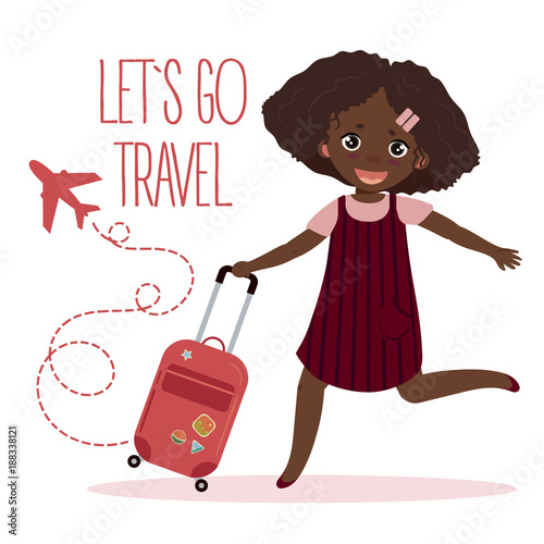 Happy young african american girl tourist run with her baggage spinner valise. Summer holiday and travelling concept. Lets go travel text. Flat modern vector illustration isolated on white background