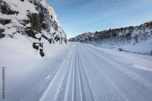 Freshly prepared ski tracks in the mountains in Setesdal  Norway