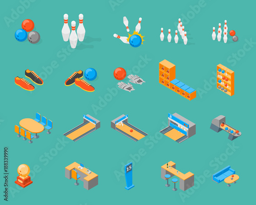 Bowling Game Icons Set Isometric View. Vector