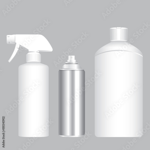 White foggy spray, aerosol container and bottle