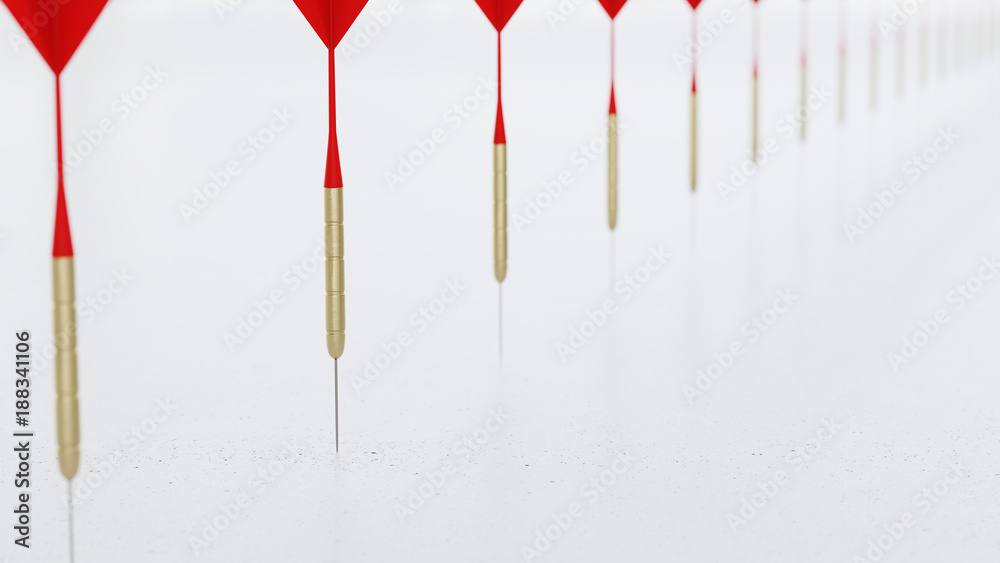Linear Array of Red Playing Darts on a Light Gray Surface Linear Array of Red Playing Darts on a Light Gray Surface