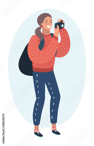 Active tourist senior woman with backpack taking photo using camera colorful character 