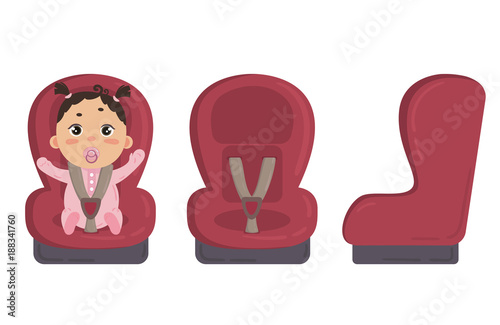 Babygirl sitting in automobile seat. Red car chair for baby from different angles. Side and front view of carseat. Vector on white background