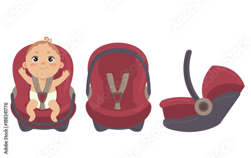 Babyboy in diaper sitting in automobile seat. Car chair for baby from different angles. Side and front view of carseat. Red combo stroller with hand grip. Vector on white background