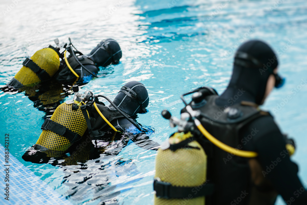 Divers training to pool - obrazy, fototapety, plakaty 