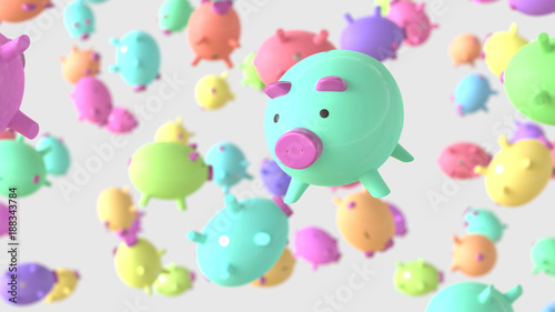 Variously Colored Piggybanks Floating in an Empty Space