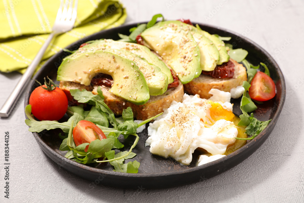 avocado, poached egg and salad avocado, poached egg and salad
