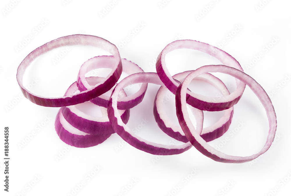  Sliced red onion rings isolated on white background cutout