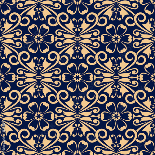 Golden floral element on dark blue background. Seamless pattern