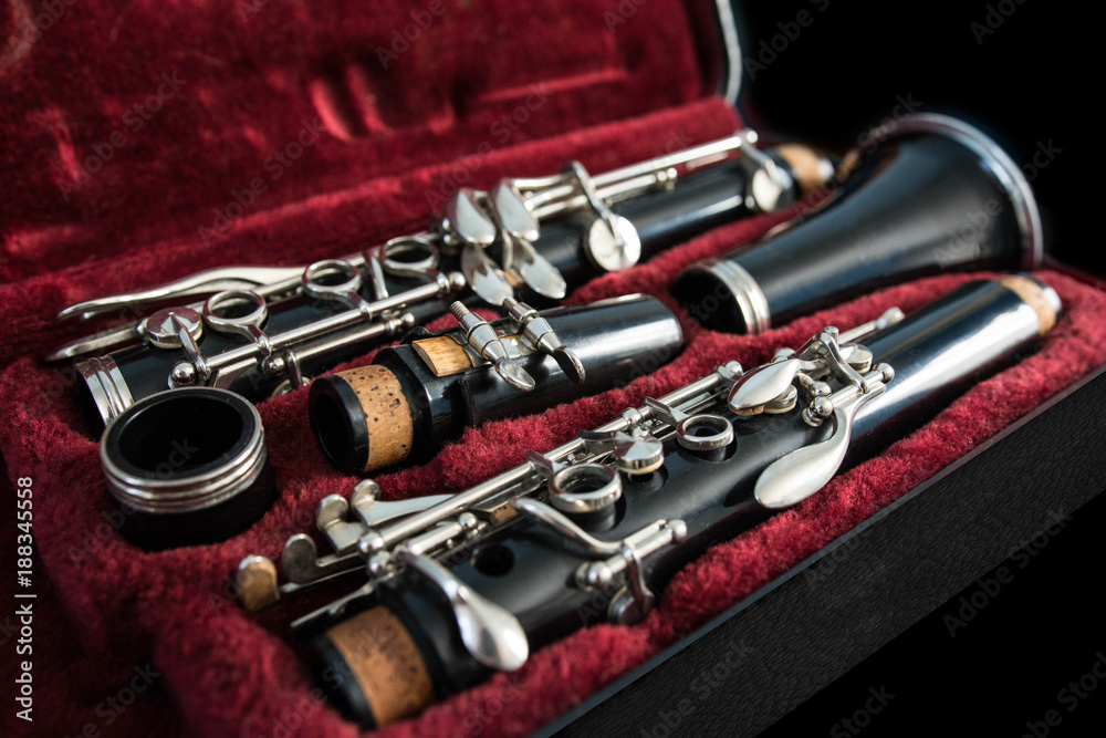 Naklejka premium Disassembled clarinet in its case