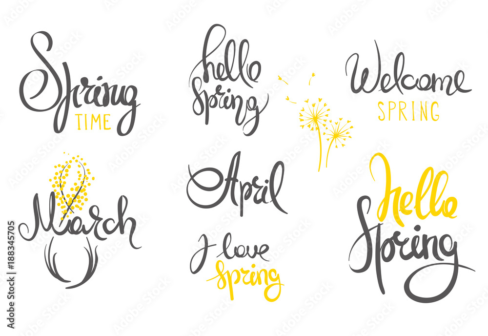 Hello Spring / Hand Drawn, calligraphy, vector graphic illustration