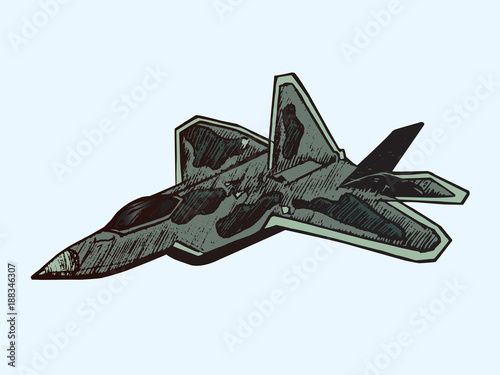 Military airplane Raptor in camouflage colors, hand drawn doodle sketch, isolated vector color illustration