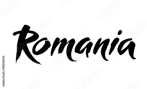 Romania. Name of country. Ink illustration. Modern brush calligraphy. Isolated on white background.