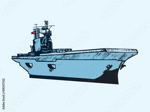Aircraft carrier typical, hand drawn doodle sketch, isolated vector color illustration