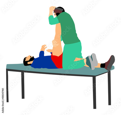 Physiotherapist and patient exercising in rehabilitation center, vector illustration. Doctor supports sportsman during physiotherapy treatment. Physical exercises massage and chiropractic.