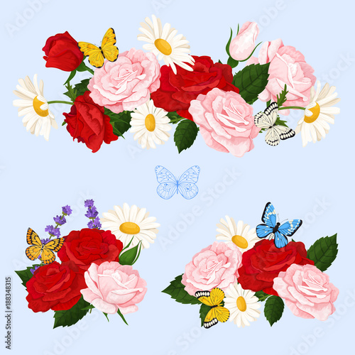 Romantic flowers bouquets  with roses  chamomile and butterflies. Vector floral collection. 