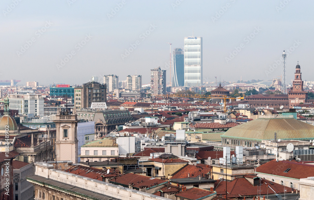 Panoramic view of Milan business district from the observation deck Duomo di Milano.