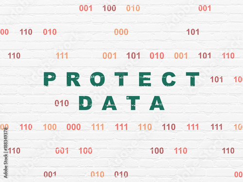Security concept  Painted green text Protect Data on White Brick wall background with Binary Code