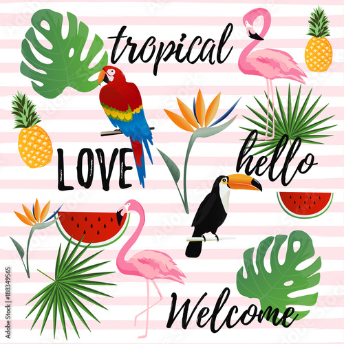 Tropical seamless pattern background. Tropical poster design. Summer and holidays background. Wallpaper, invitation card, textile print vector illustration design