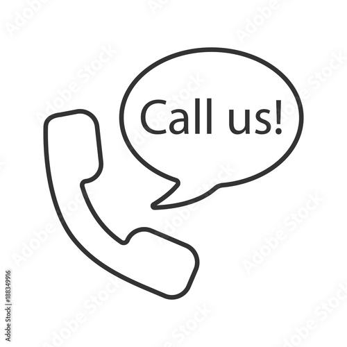 Handset and speech bubble with call us inside linear icon