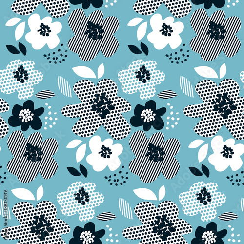 Concept abstract floral seamless pattern fora surface design. Repeatable motif with stylized flowers for fabric, wrapping paper, background. Geometric black and white texture in floral design.