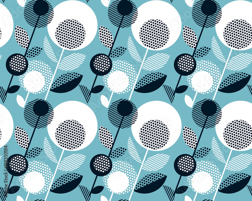 Geometric black and white vintage retro floral design. Concept abstract floral seamless pattern fora surface design. Repeatable motif with stylized flowers for fabric, wrapping paper, background.