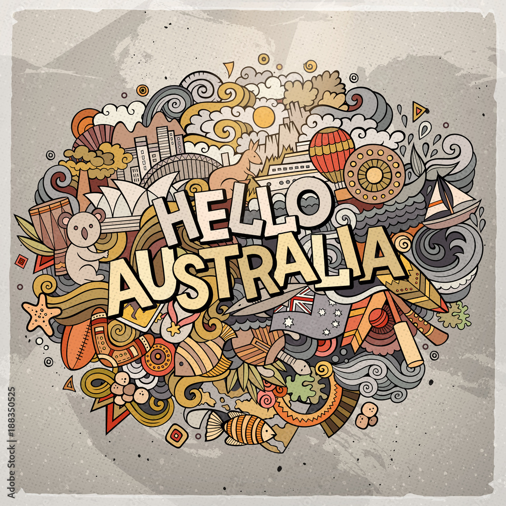 Cartoon cute doodles hand drawn Hello Australia inscription
