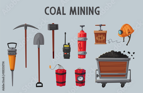 Set of mining tools. Worker's inventory. Cartoon vector illustration