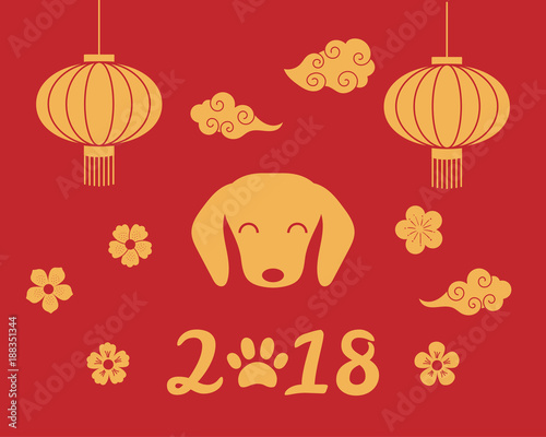 2018 Chinese New Year greeting card  banner with cute funny cartoon dog  lanterns  clouds  flowers  numbers with paw print. Isolated objects. Vector illustration. Festive design elements.