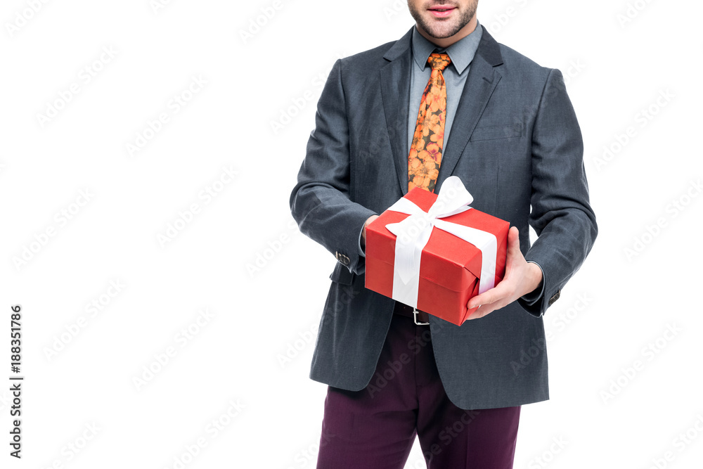cropped view of man holding gift box, isolated on white cropped view of man holding gift box, isolated on white