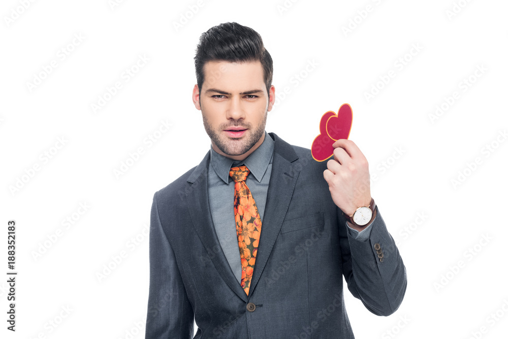 handsome man with valentines greeting card, isolated on white handsome man with valentines greeting card, isolated on white