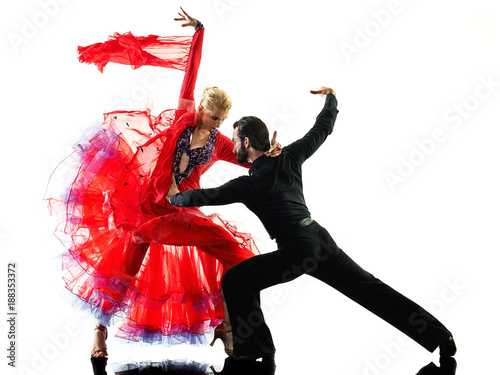 one caucasian man and woman couple ballroom tango salsa dancer dancing in studio silhouette isolated on white background